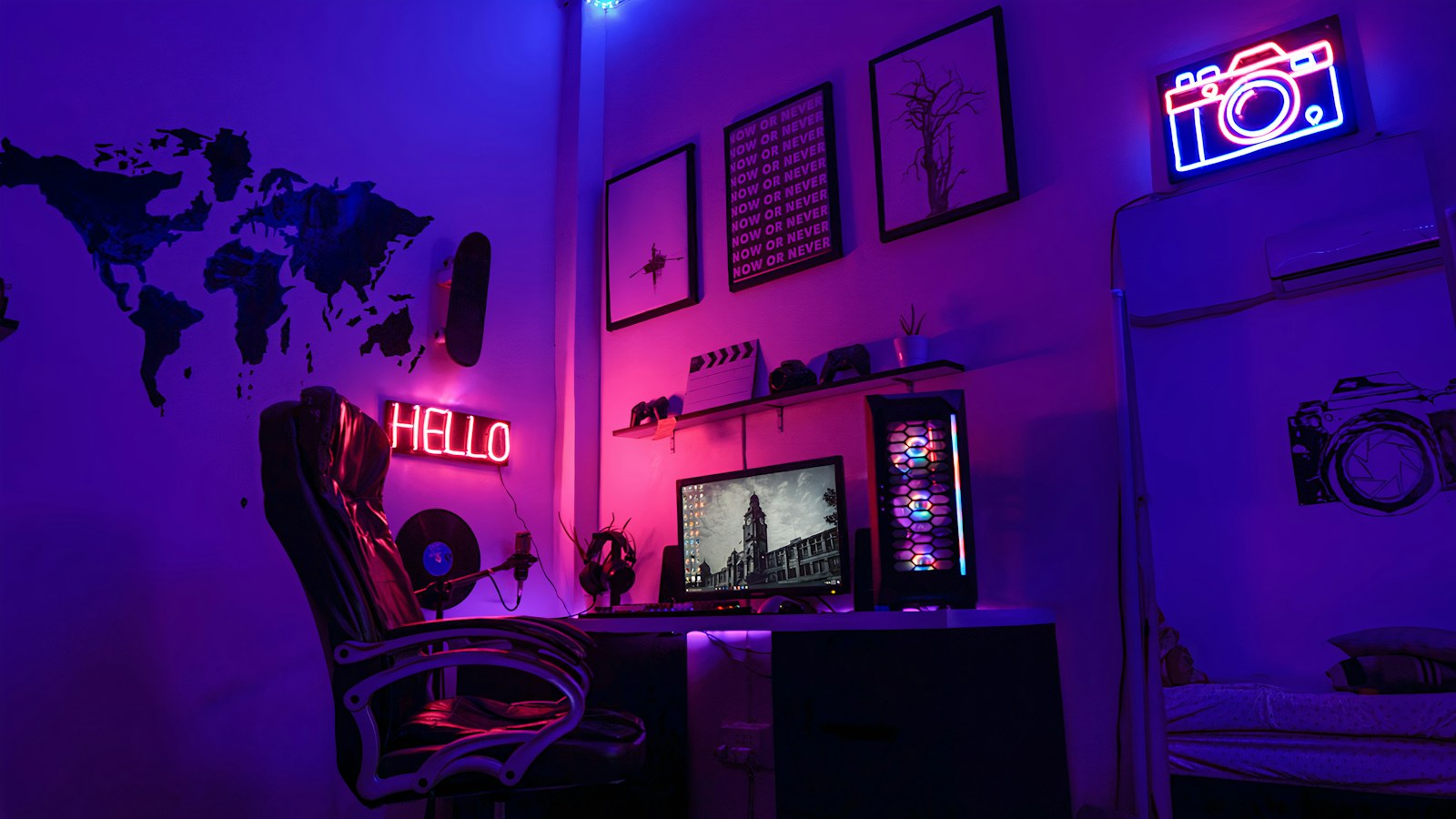 A neon-lit gaming workspace